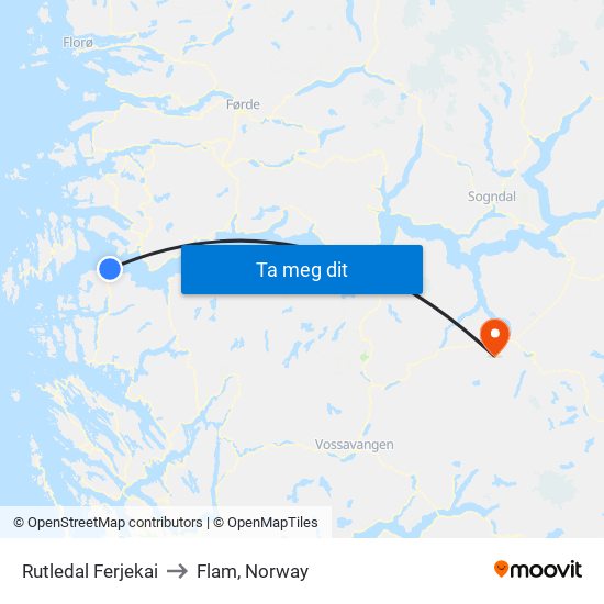 Rutledal Ferjekai to Flam, Norway map