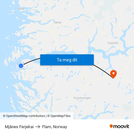 Mjånes Ferjekai to Flam, Norway map