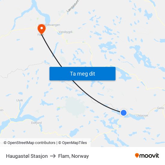 Haugastøl Stasjon to Flam, Norway map