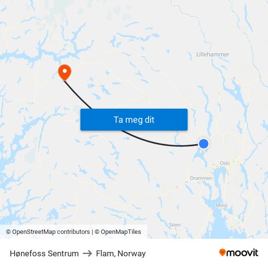 Hønefoss Sentrum to Flam, Norway map