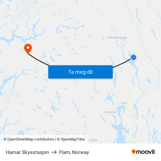 Hamar Skysstasjon to Flam, Norway map