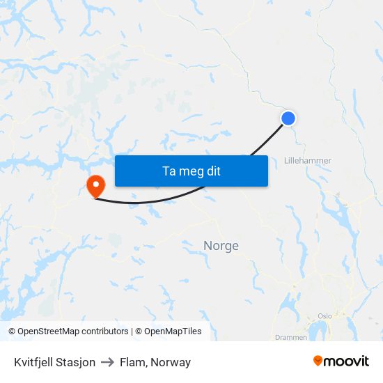 Kvitfjell Stasjon to Flam, Norway map