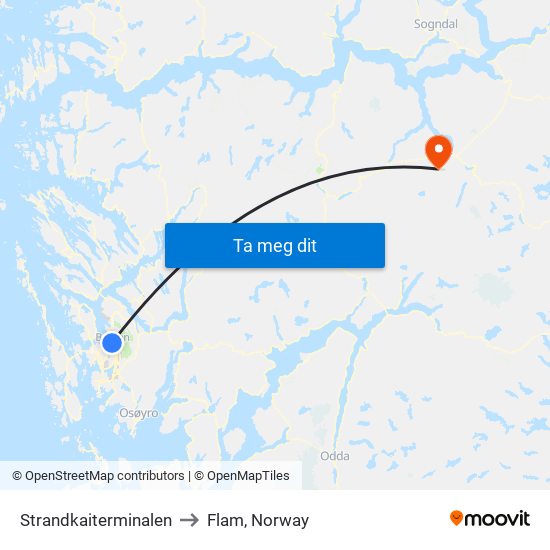 Strandkaiterminalen to Flam, Norway map