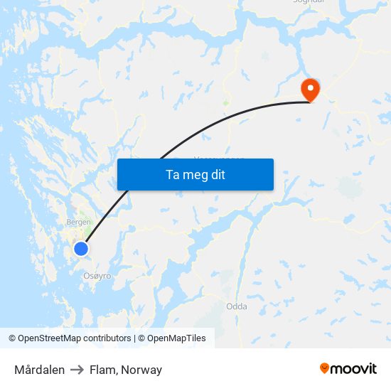 Mårdalen to Flam, Norway map
