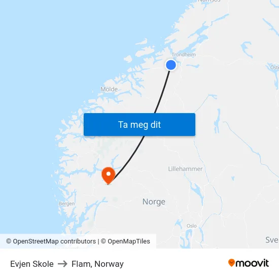Evjen Skole to Flam, Norway map