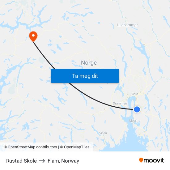 Rustad Skole to Flam, Norway map