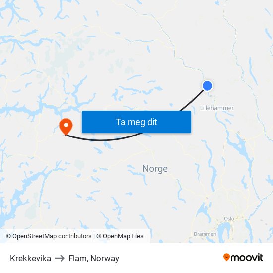 Krekkevika to Flam, Norway map