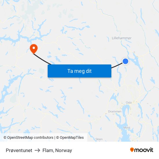 Prøventunet to Flam, Norway map