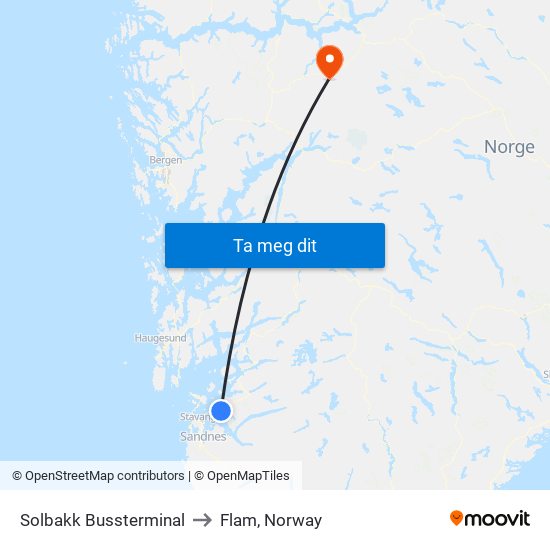 Solbakk Bussterminal to Flam, Norway map