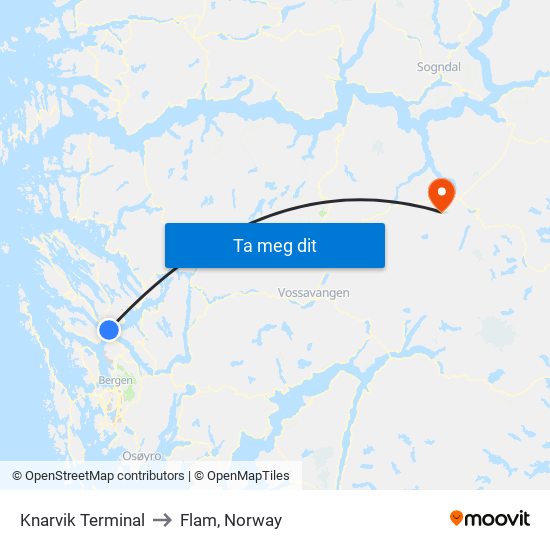 Knarvik Terminal to Flam, Norway map