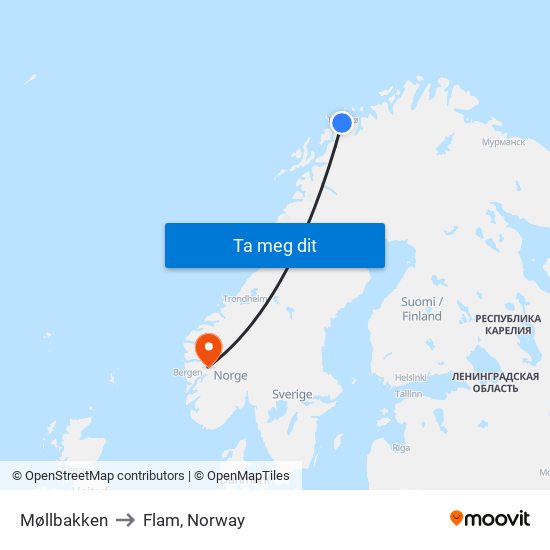 Møllbakken to Flam, Norway map