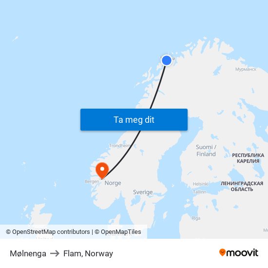 Mølnenga to Flam, Norway map