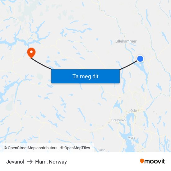 Jevanol to Flam, Norway map