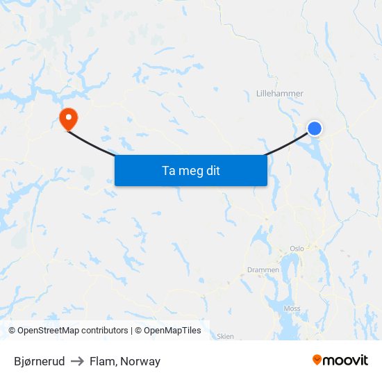 Bjørnerud to Flam, Norway map