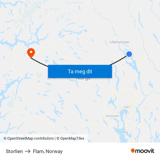 Storlien to Flam, Norway map