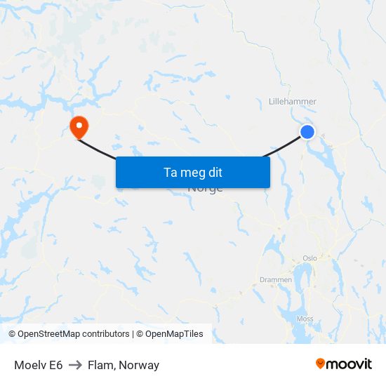 Moelv E6 to Flam, Norway map