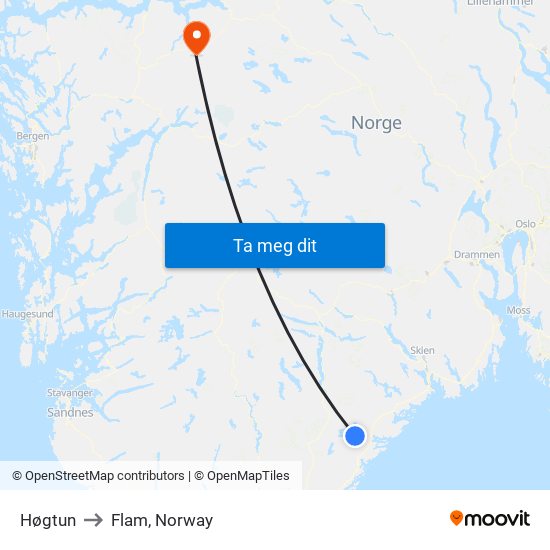 Høgtun to Flam, Norway map