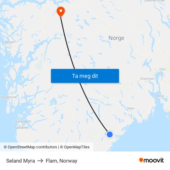 Seland Myra to Flam, Norway map
