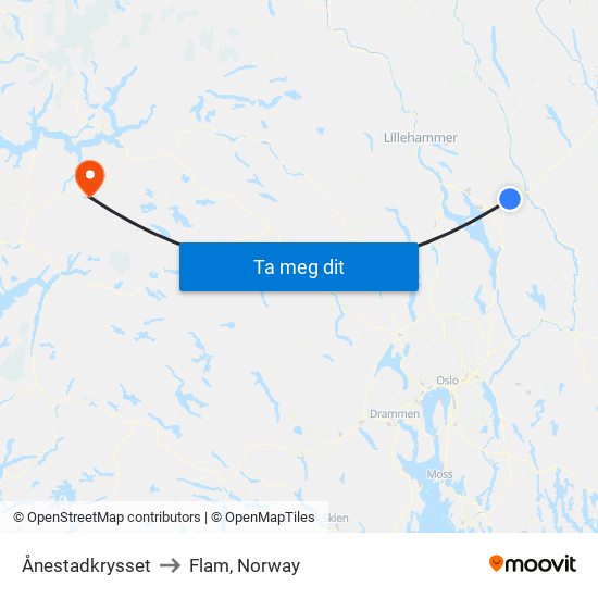 Ånestadkrysset to Flam, Norway map