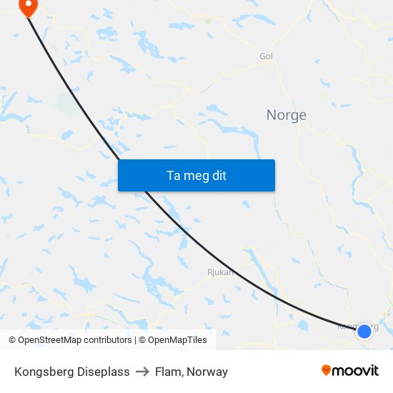 Kongsberg Diseplass to Flam, Norway map