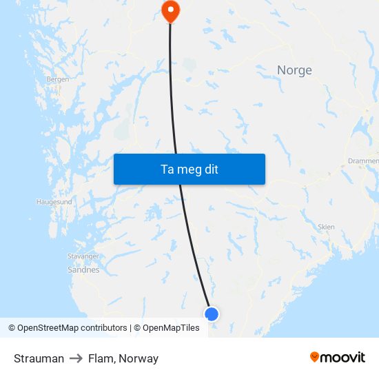 Strauman to Flam, Norway map