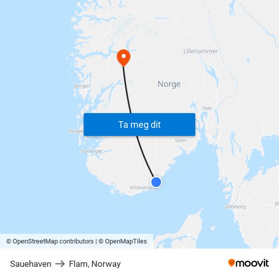 Sauehaven to Flam, Norway map
