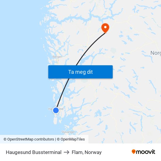 Haugesund Bussterminal to Flam, Norway map