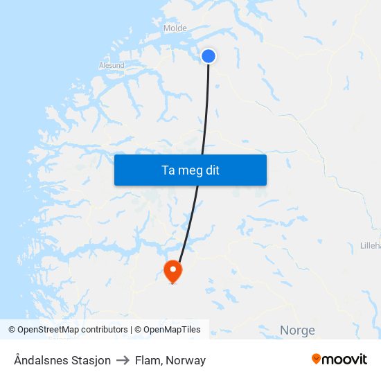 Åndalsnes Stasjon to Flam, Norway map