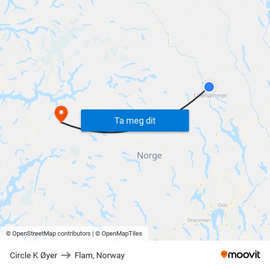 Circle K Øyer to Flam, Norway map