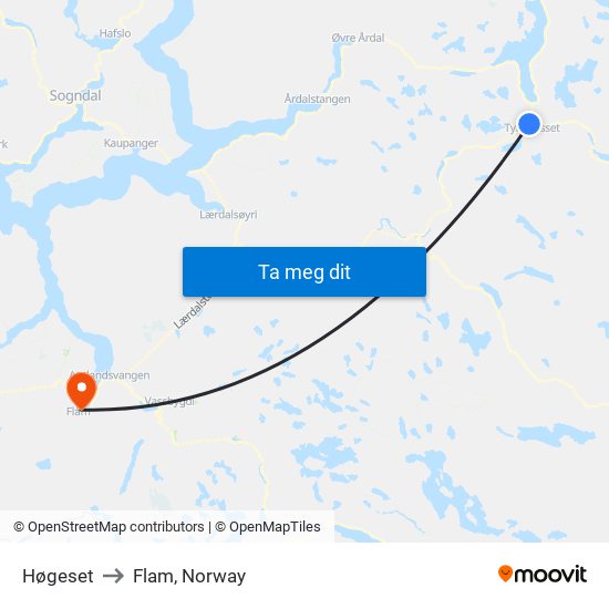 Høgeset to Flam, Norway map