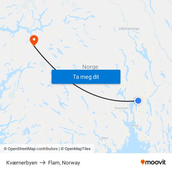 Kværnerbyen to Flam, Norway map