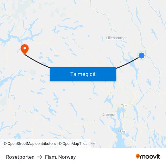 Rosetporten to Flam, Norway map