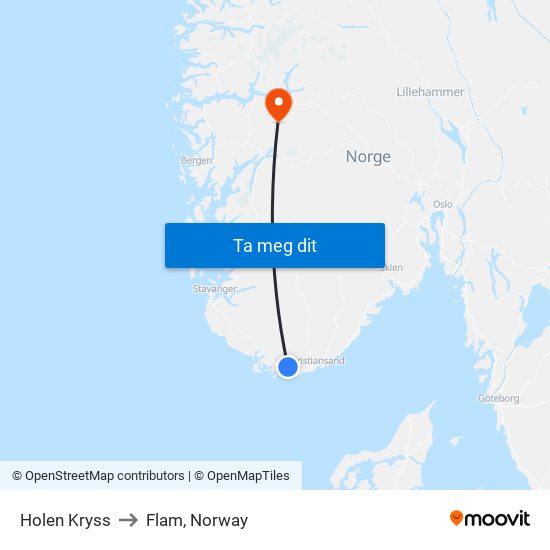 Holen Kryss to Flam, Norway map