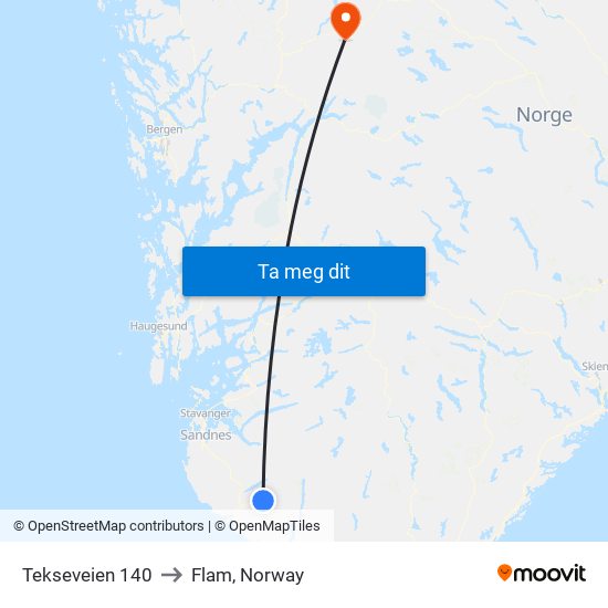 Tekseveien 140 to Flam, Norway map