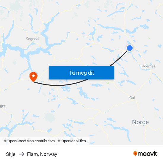 Skjel to Flam, Norway map