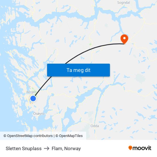 Sletten Snuplass to Flam, Norway map