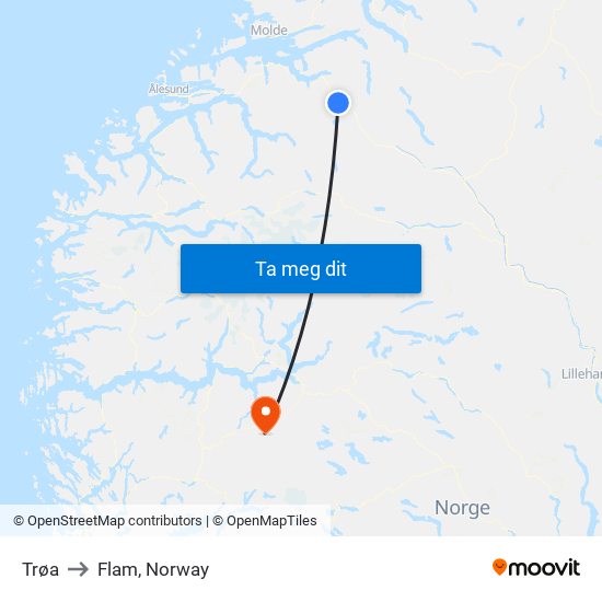 Trøa to Flam, Norway map