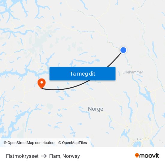 Flatmokrysset to Flam, Norway map