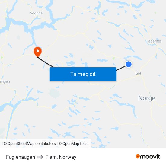 Fuglehaugen to Flam, Norway map