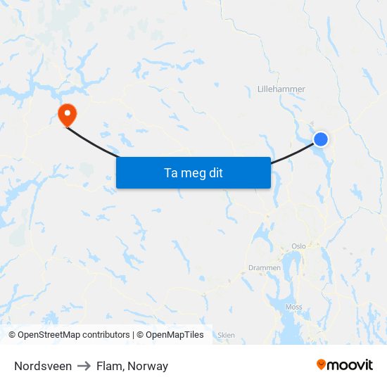 Nordsveen to Flam, Norway map