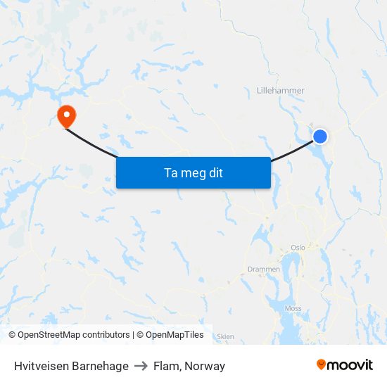 Hvitveisen Barnehage to Flam, Norway map