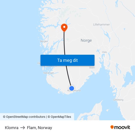 Klomra to Flam, Norway map