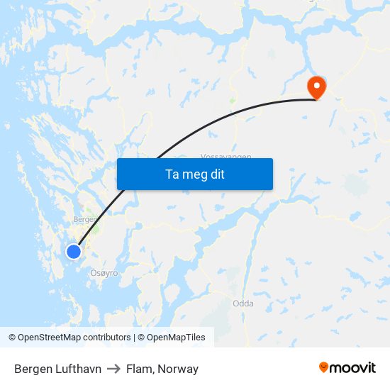 Bergen Lufthavn to Flam, Norway map
