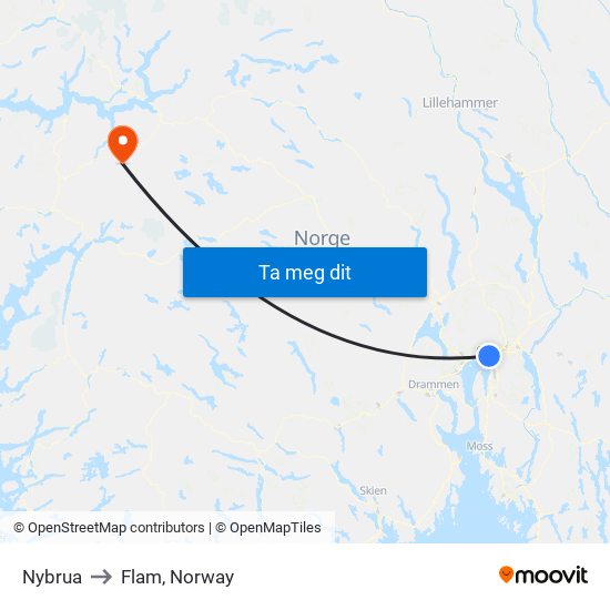 Nybrua to Flam, Norway map