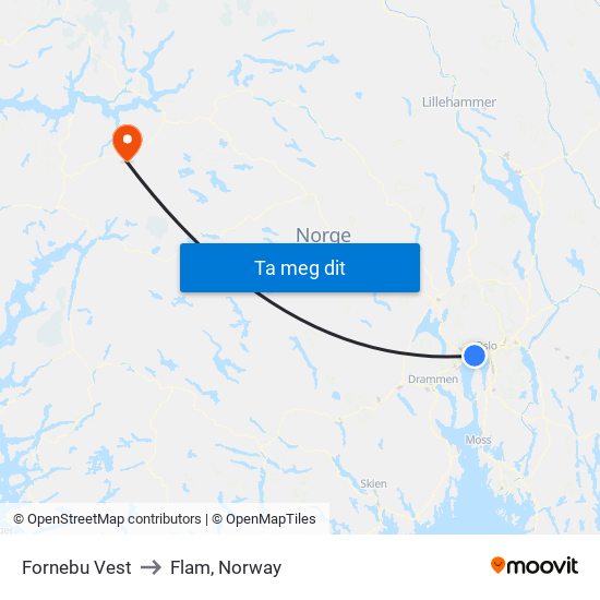 Fornebu Vest to Flam, Norway map