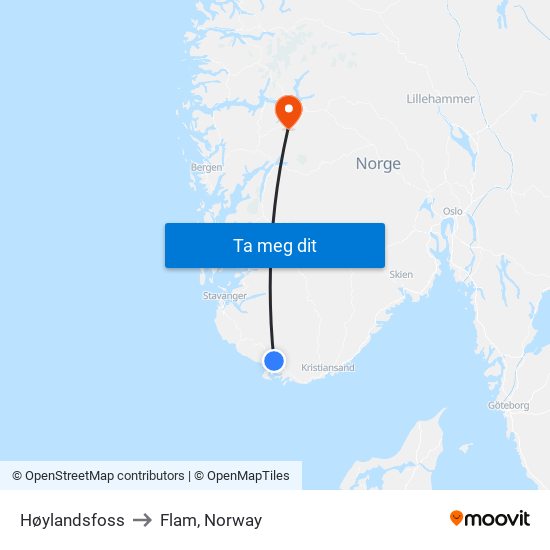 Høylandsfoss to Flam, Norway map