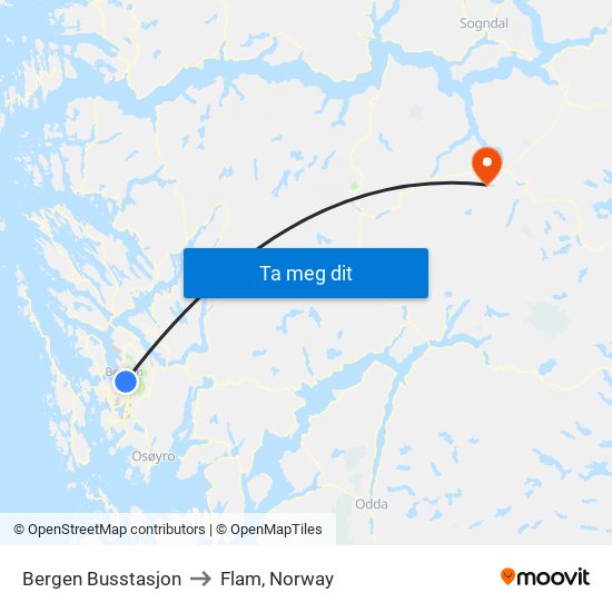 Bergen Busstasjon to Flam, Norway map