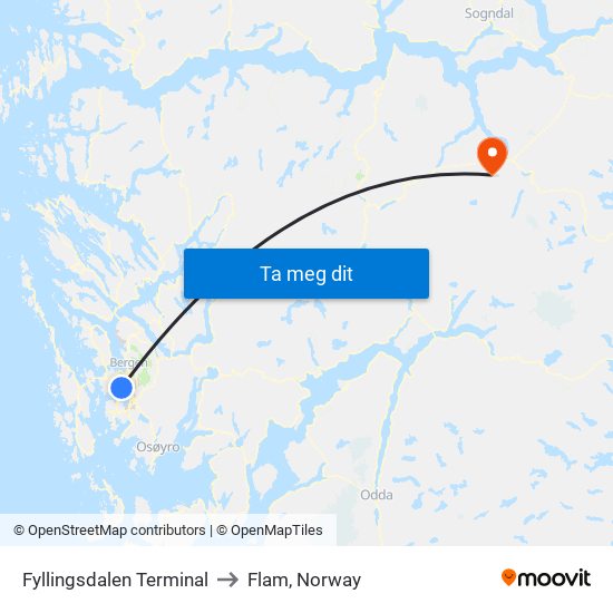 Fyllingsdalen Terminal to Flam, Norway map