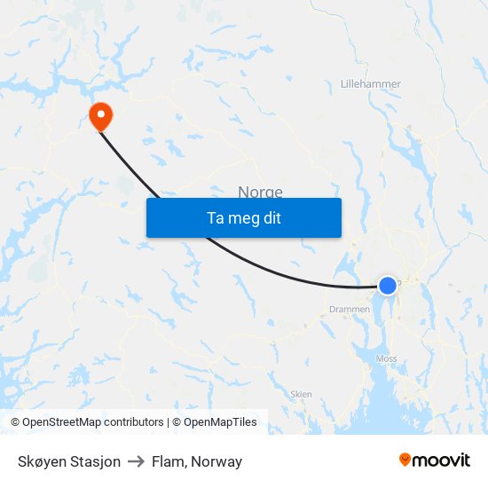 Skøyen Stasjon to Flam, Norway map
