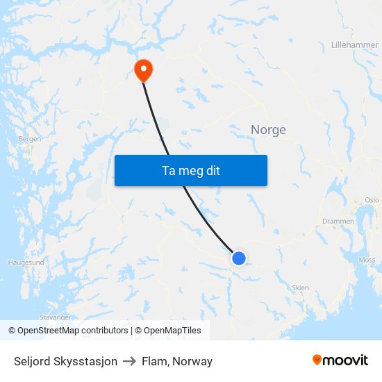 Seljord Skysstasjon to Flam, Norway map